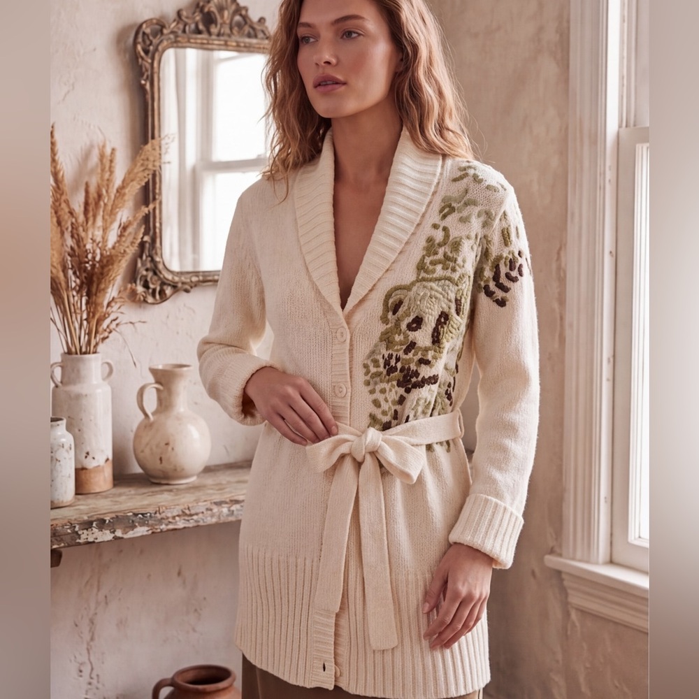 Vintage 90s Together Ivory Chunky Wool Bear Embroidered Cardigan Shawl Collar L